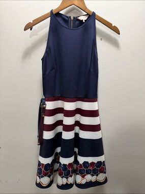 Ted Baker‎ Women Navy and Burgundy Striped Fit-and-Flare Dress Size 0 or 35x16